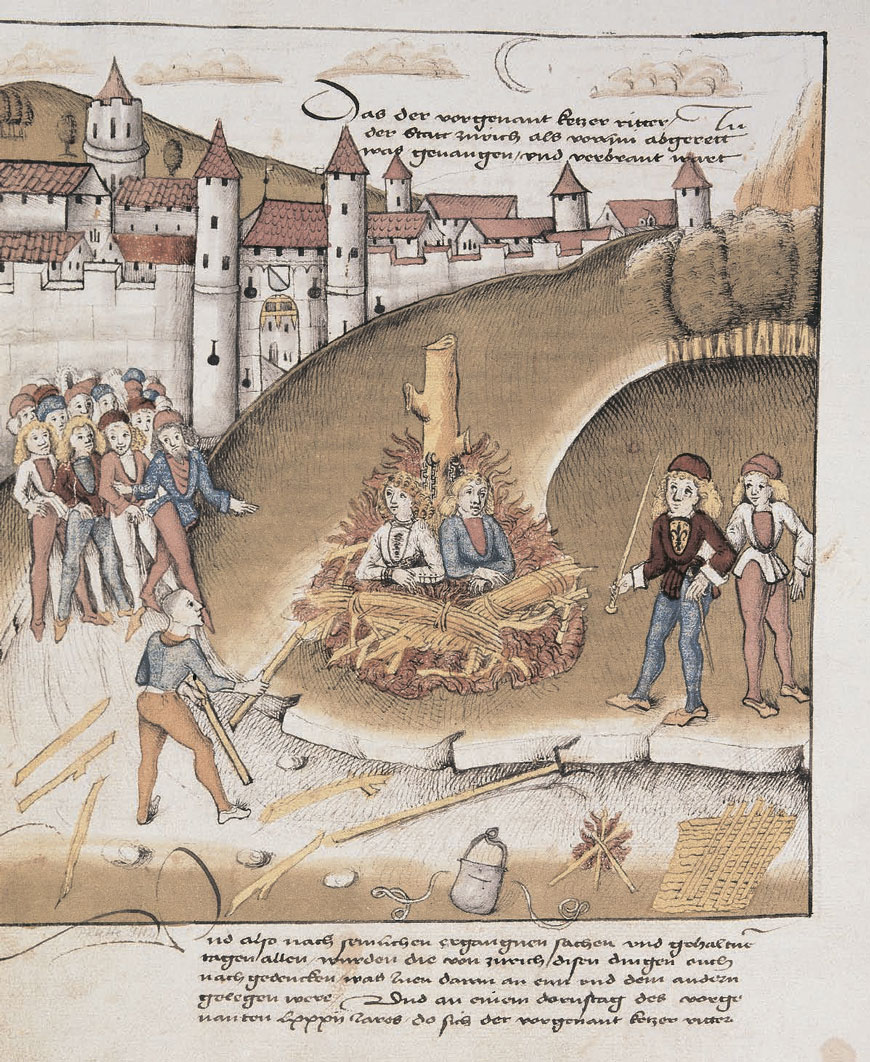 Сожжение страсбургского рыцаря Рихарда Пуллера фон Хоэнбурга и его пажа, осуждённых за содомию, перед стенами Цюриха, 1482