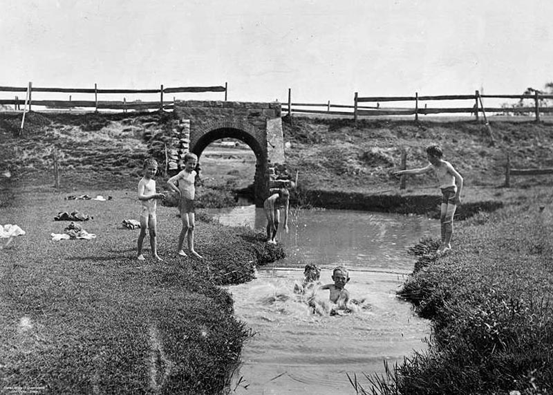 Group of boys playing in a creek at Wooloowin (Группа мальчиков, играющих в ручье в Вуулуууин)
