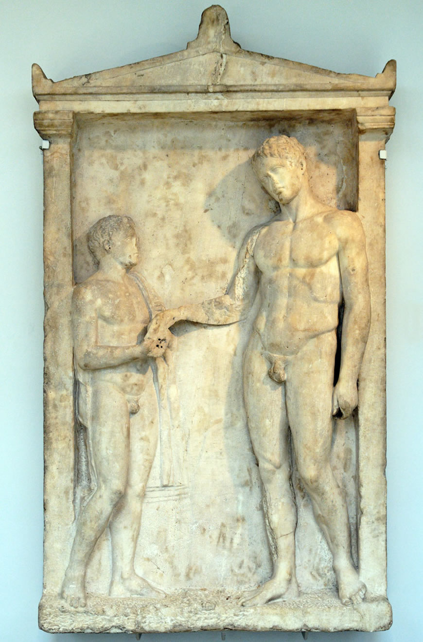 Young boy giving a lekythos (oil flask) to a youth, probably an athlete 